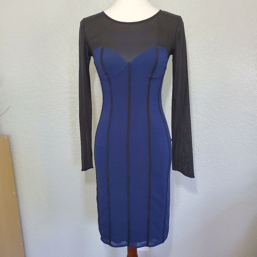 Rag & Bone silk blue & black dress long sleeves party dress